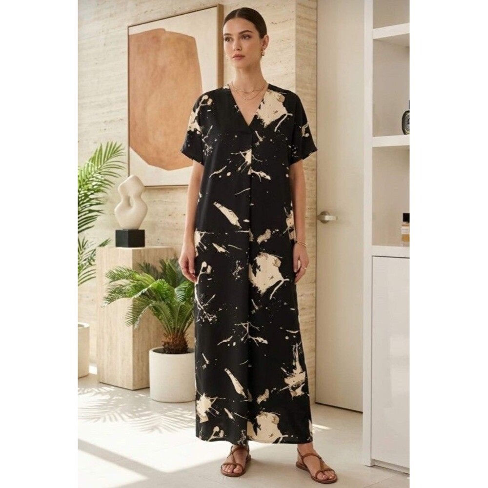 Before You w/ Love Kaftan Style Maxi Dress Abstract Print Minimalist Medium NWTs